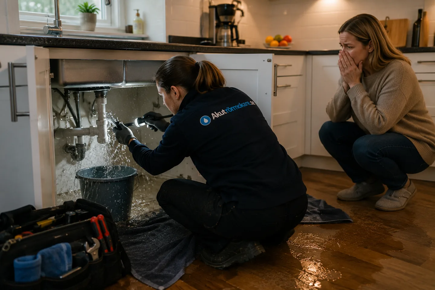 Rörmokare lyser med pannlampa under diskbänken där vatten läcker ner i en hink medan kunden ser på.