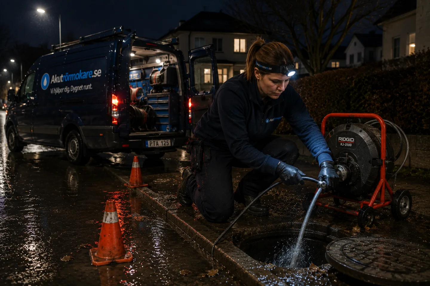 Rörmokare spolar en brunn på en villagata i kvällsmörker vid servicebilen.